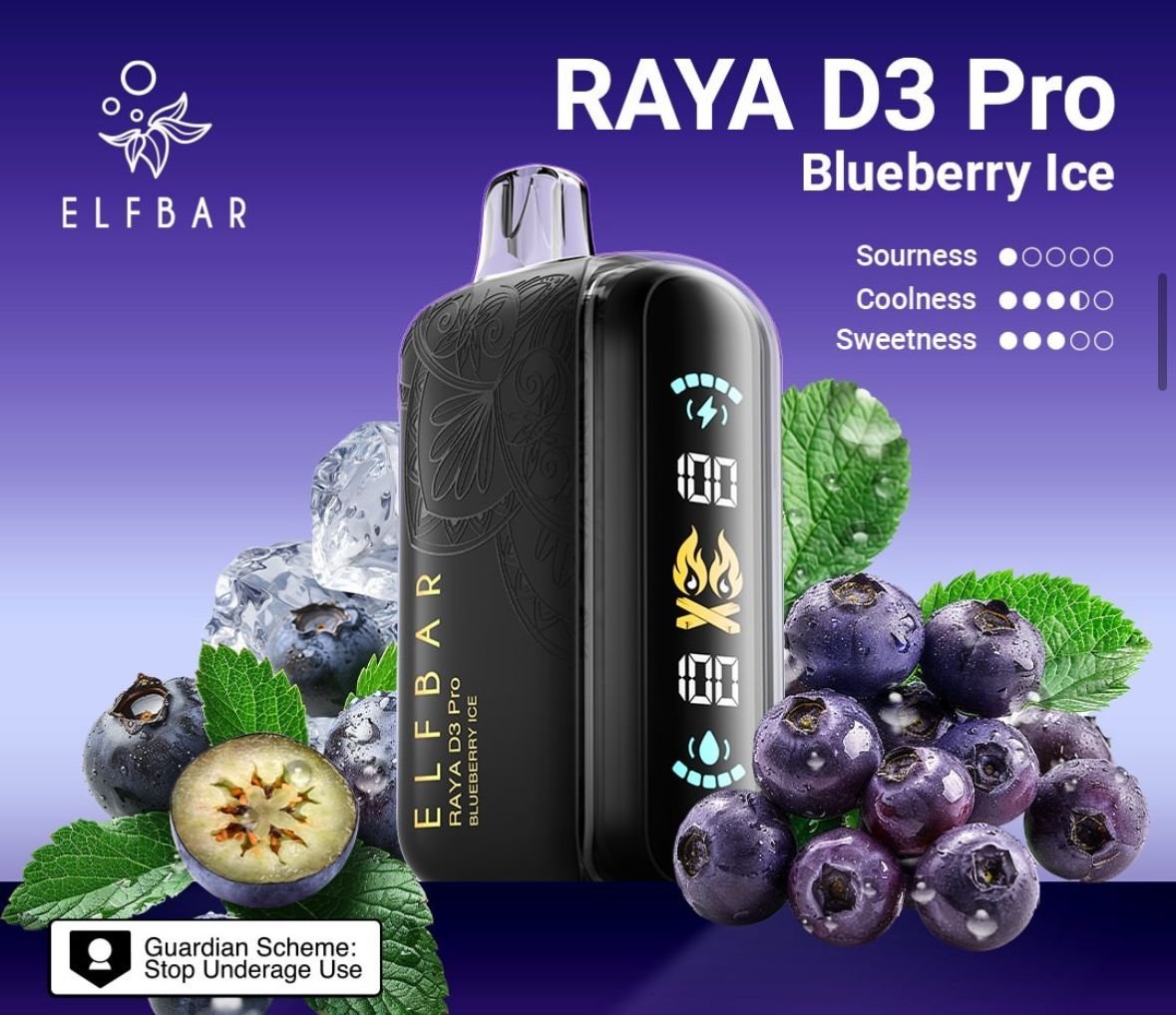 ELF BAR RAYA D3 PRO 30K PUFFS DISPOSABLE VAPE- BLUEBERRY ICE – 5% Nic – Type C Rechargeable